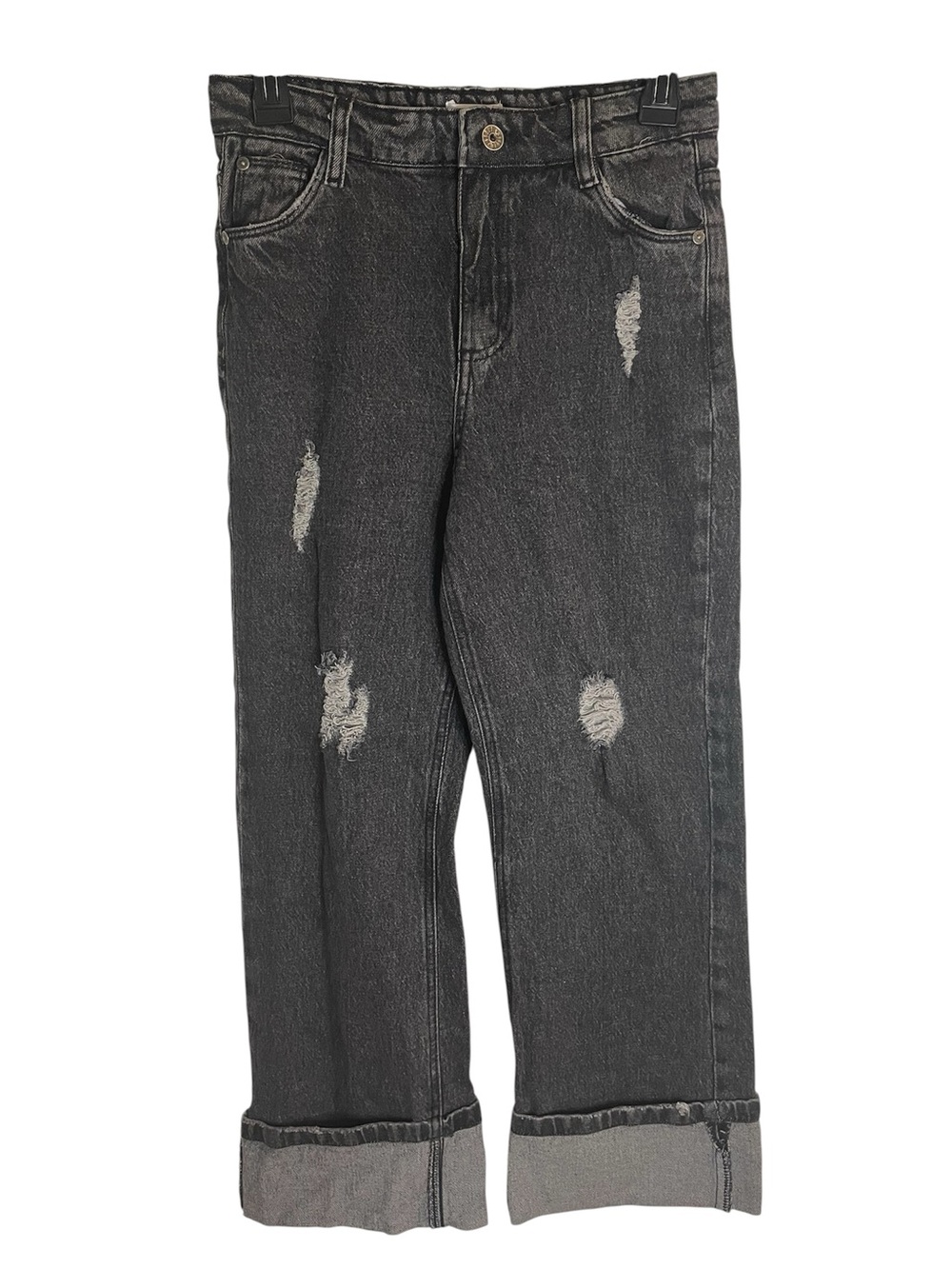 Steve Madden Black Washed Distressed Rolled Cuff Jeans Snap Button Size 14